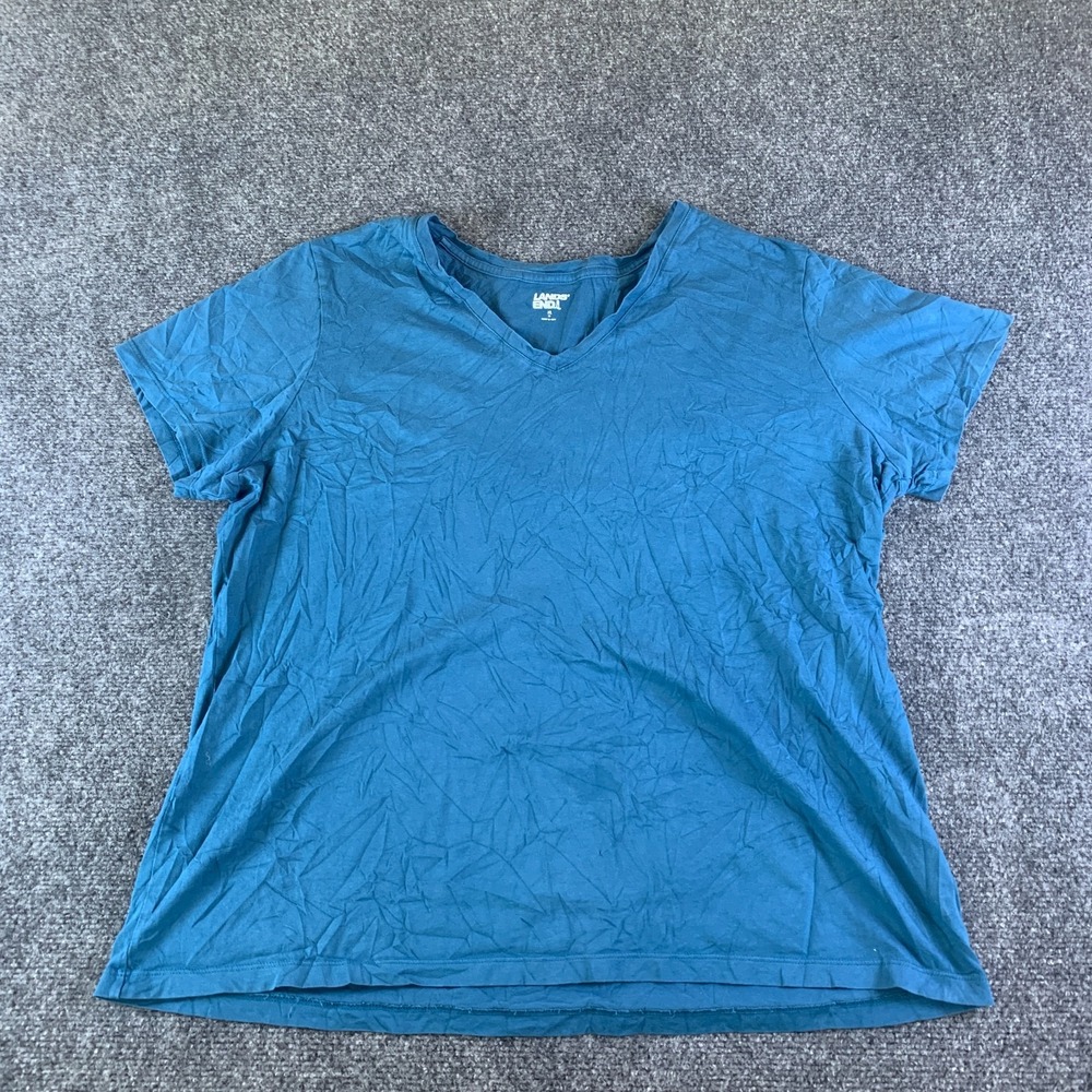 Lands'End T Shirt Womens XL 18 Blue Cotton Cap Sleeve V Neck Pullover Casual